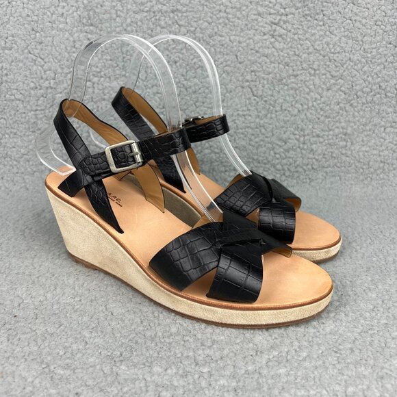 A.P.C. Judith Sandals Women 9 39 Shoe Black Leather Wedge Heels Croc Strappy APC - Picture 1 of 12